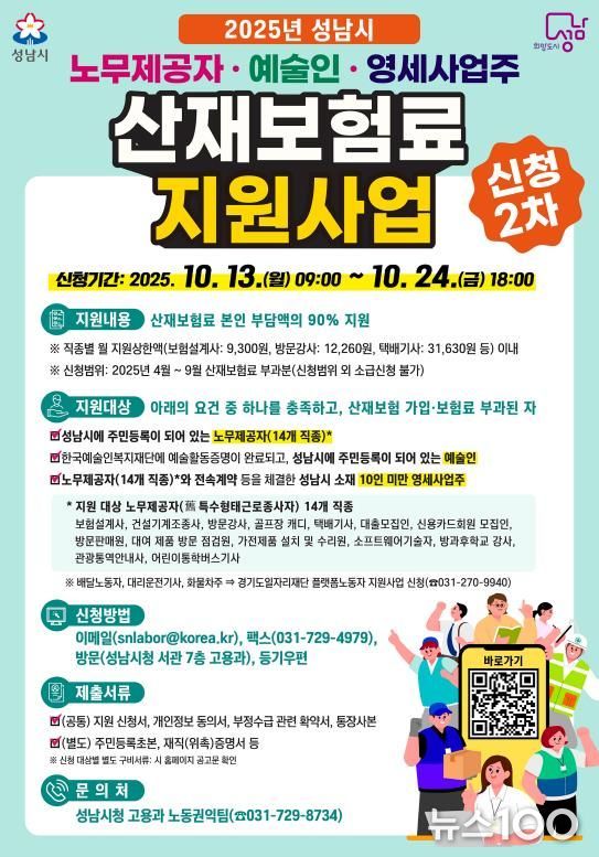 2025년 성남시 노무제공자·예술인·영세사업주 산재보험료 지원사업 홍보포스터
