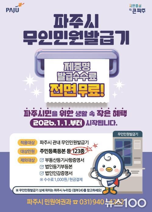 파주시민을 위한 생활 속 작은 혜택 무인민원발급기 제증명 수수료 '전면 무료화' 시행