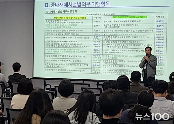 화성특례시 안전정책과 관계자가 만세구청 직원들을 대상으로 중대재해처벌법 의무 이행사항을 설명하고 있다